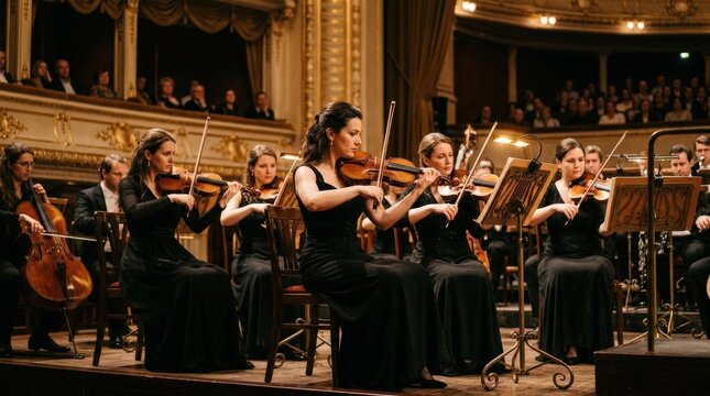 Women playing violins in orchestra performance, classical musicians on stage, elegant concert atmosphere, warm lighting, realistic detail, no logos