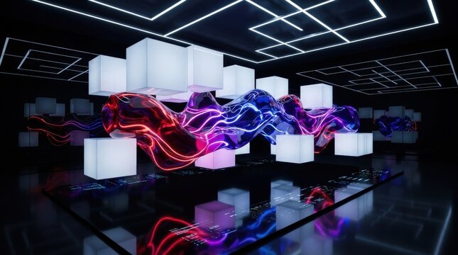 Cyberfuturistic white glass cubes and liquid acrylic forms glowing red, purple, and blue over black, rich reflections and sleek visual energy, ultra-realistic, no logos.