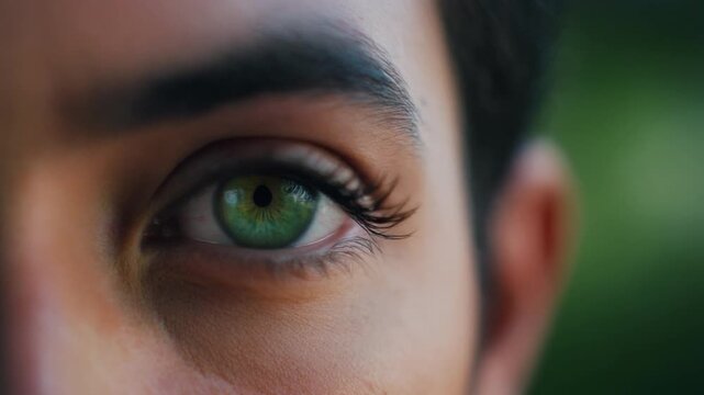 "Close-up of vivid green human eye with detailed eyelashes and eyebrow, symbolizing vision, individuality, and natural beauty."