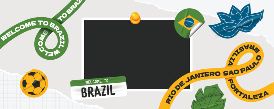 Welcome to brazil travel frame collage photos with scrapbook torn paper style.