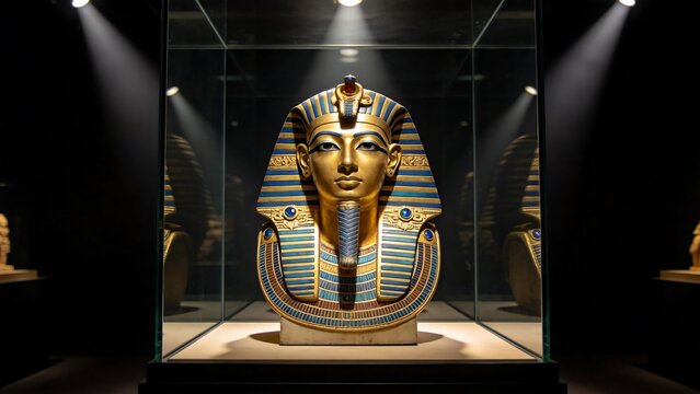 Golden Egyptian pharaoh mask in display case