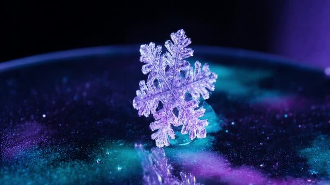 真上から360度オービット回転する雪の結晶・ネオンサイバー照明の未来的マクロ映像