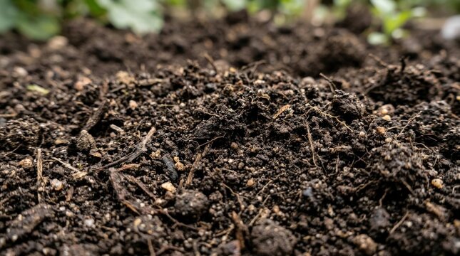 Natural soil texture close-up, rich earth background for gardening, farming, agriculture, and organic cultivation concepts, detailed surface pattern, realistic macro finish, no logos
