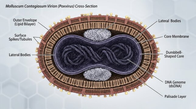 Molluscum contagiosum virion cross section with DNA core and protein envelope, poxvirus architecture for virology education, dermatology and infectious disease research, highly detailed scientific
