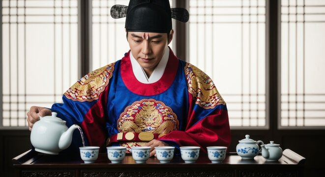Korean man in traditional royal hanbok pouring tea. King in joseon dynasty attire performing tea ceremony. Cultural heritage and historical costume concept