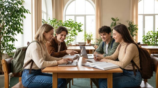 Gen Z friends studying with focus and smiles, youthful education and teamwork scene in a casual modern setting, natural light, realistic detail, no logos