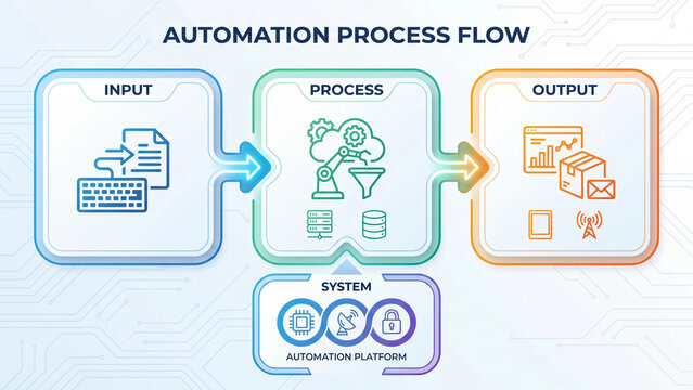 Automation process flow covering input data processing and output delivery through automation platform with system integration for digital workflow efficiency and business technology operations
