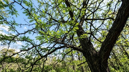 Fototapeta premium Looking up at a spiky honey locust tree on a bright day, dramatic botanical perspective for nature, environmental awareness and seasonal outdoor themes, branching silhouette and fresh leaves against