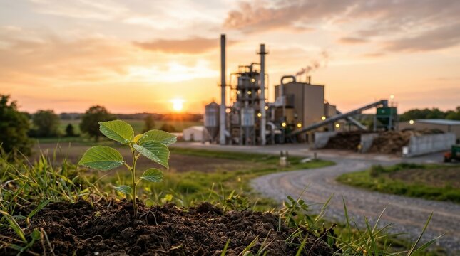 Green plant growing in focus with biomass power industry at sunset, sustainable energy and eco technology concept combining fresh nature with renewable production, warm backlight over industrial forms