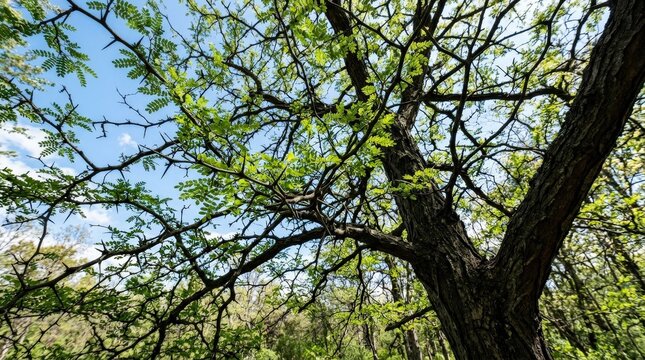 Looking up at a spiky honey locust tree on a bright day, dramatic botanical perspective for nature, environmental awareness and seasonal outdoor themes, branching silhouette and fresh leaves against