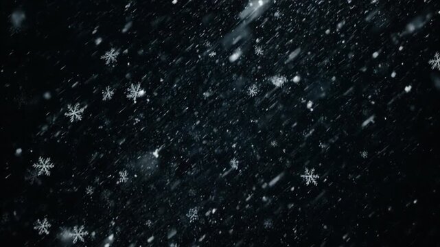 吹雪の夜を突き進むPOV一人称視点・嵐の中を高速で舞い散る雪の結晶ダイナミック映像