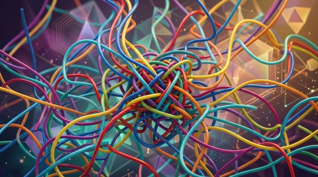 Volumetric maze macro built from multicolored tangled tubes, abstract geometric background with rich luminous depth and complex motion-inspired structure, soft gradient light, polished surfaces,