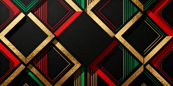 Abstract geometric background for Black History Month. Pan-African colors pattern with red green and gold metallic textures. Modern cultural heritage design for Juneteenth celebration
