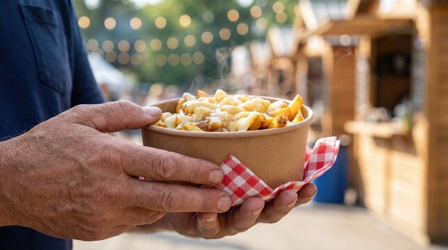 Man holding steaming bowl of poutine with cheese curds and gravy at outdoor market. Street food festival treat featuring french fries in paper container. Summer fair and casual dining concept