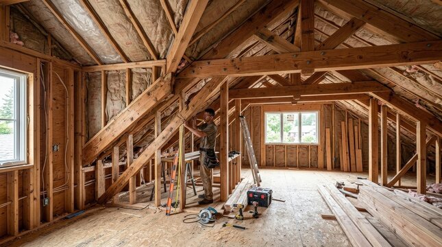 Attic remodeling phase exposing timber roofing truss and support beams, home renovation concept for construction, carpentry and real estate themes, unfinished interior with visible structure, natural