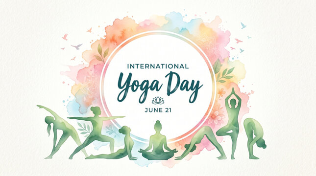 Colorful watercolor yoga poses illustration with circular frame composition for banner design and mindfulness concept on international yoga day celebration