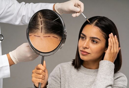 Woman receiving hair loss treatment on scalp. Doctor administering PRP injection with syringe. Patient holding mirror to observe medical procedure