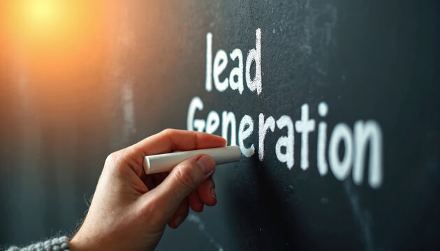 Hand writes Lead Generation on chalkboard with chalk. Marketing strategy concept for business growth and sales. Digital advertising strategy and planning.