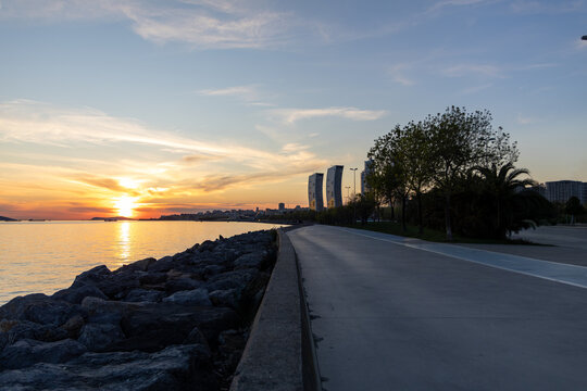 Istanbul Kartal Coast Sunset with Fishermen Silhouettes, Sea of Marmara and Princes Islands, Turkey