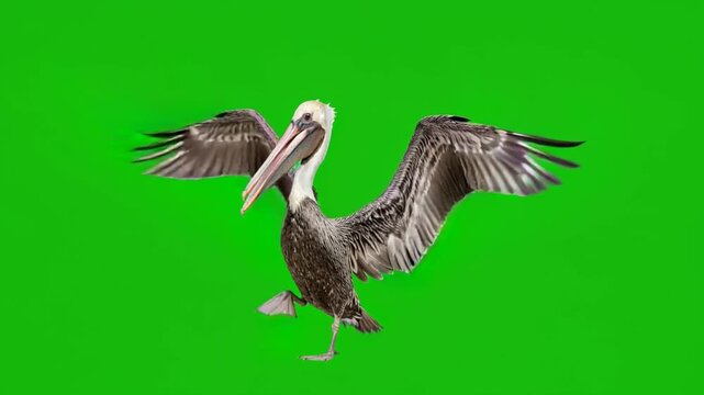 pelican dancing dancing on a green screen background for vfx projects