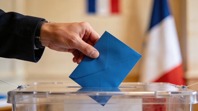 Man dropping blue envelope into transparent ballot box. French voting process at polling station. Democratic election participation and civic engagement
