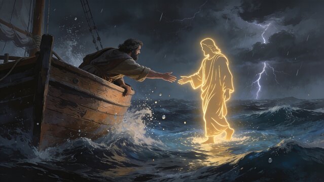 Disciple in wooden boat reaches out to savior walking on stormy sea. Biblical miracle of faith overcoming fear during tempest. Divine intervention and spiritual rescue in raging ocean waves