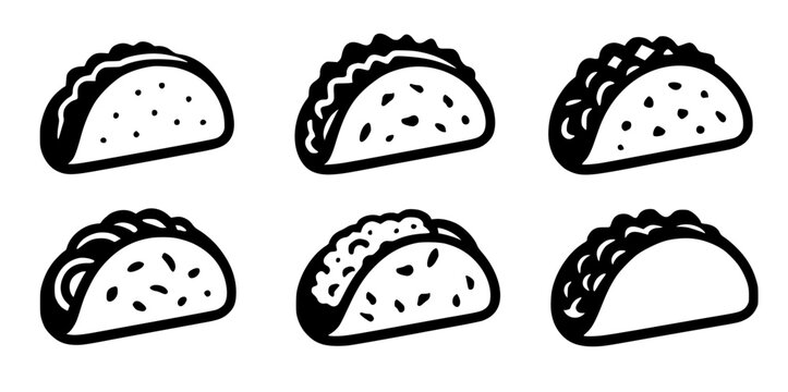 Minimalist taco icon set, in silhouette style, isolated on transparent background