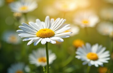 Obraz premium White daisies with yellow centers grow in a sunlit field. Delicate petals glisten with dew drops. Green stems support blooming flowers. Nature scene offers bright summer day.