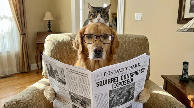 Golden retriever dog wearing glasses reads newspaper headline about squirrel conspiracy while tabby cat sits on head. Humorous pet news parody and animal reading concept in cozy living room