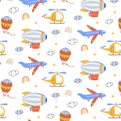 Cute Air Transport Seamless Pattern for Kids. Vector Nursery Background with Cartoon Airplane, Helicopter, Hot Air Balloon and Dirigible on White. © AnnRozz