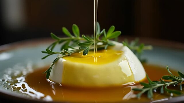 Premium olive oil being poured over fresh burrata with herb sprigs, dark elegant kitchen background