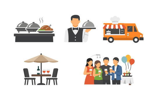 Catering Service Icons Set Featuring Buffet Table with Hot Food, Professional Waiter Serving Dish, Mobile Food Truck, Outdoor Dining Table with Umbrella, and Group of People at a Party Event