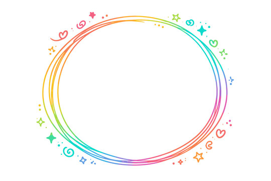 Vibrant Spectrum Multi-Hued Sketched Frame with Celestial Shapes and Valentines. Playful Messy Circular Margin for Juvenile Assignments, Amusing Ornate Loop Illustration on Ivory Scene.