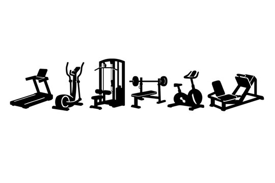 Six black silhouette gym fitness machines neatly arranged in a horizontal row including treadmill, elliptical trainer, lat pulldown, weight bench with barbell, stationary bike, and leg press.