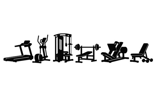 Collection of six black silhouette gym fitness machines and workout equipment icons in a horizontal row featuring treadmill, elliptical trainer, cable machine, bench press, leg press, and bench.
