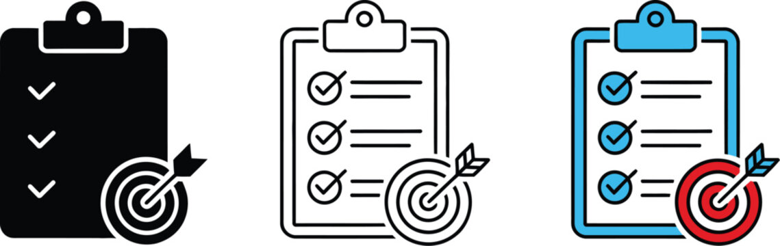 Goal setting checklist icon white background black silhouette flat outline and colored vector icon set for task planning and success