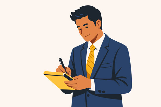Young Hispanic Male Professional in a Blue Suit and Yellow Tie Taking Notes in a Yellow Notepad. Simple Flat Vector Illustration of a Businessman Writing, Planning, or Organizing Daily Tasks.