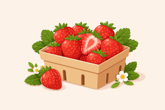 Fresh Ripe Red Strawberries in a Cardboard Punnet Carton with Green Leaves and White Flowers, Vector Illustration of Sweet Summer Berries, Healthy Organic Fruit for Market and Grocery Design