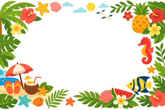 Tropical Summer Beach Frame Border with Palm Leaves Pineapple Seahorse Hibiscus Flowers Coconut Drink and Exotic Sea Life Flat Vector Illustration for Vacation Travel and Party Invitations