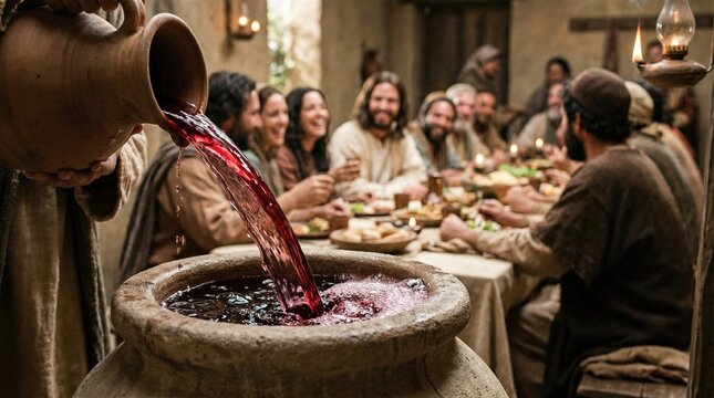 Man pouring red wine from clay jug into bowl at wooden dinner table with group in ancient robes. Christian communion fellowship and religious tradition concept