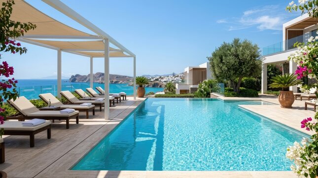 Luxury resort pool with ocean view.