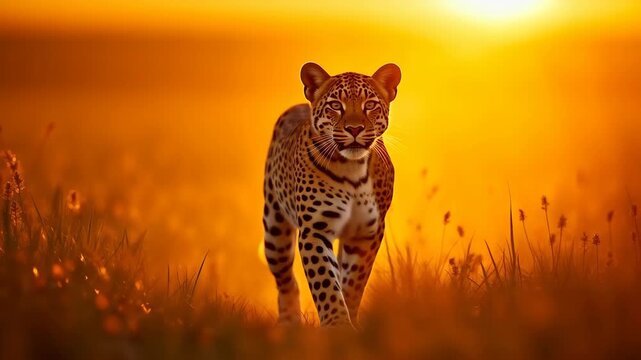 Wild leopard running through tall golden savanna grass at dramatic dusk light