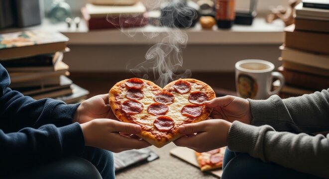 Couple holding heart shaped pepperoni pizza
