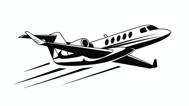 A black and white minimalist logo design of a private jet flying fast