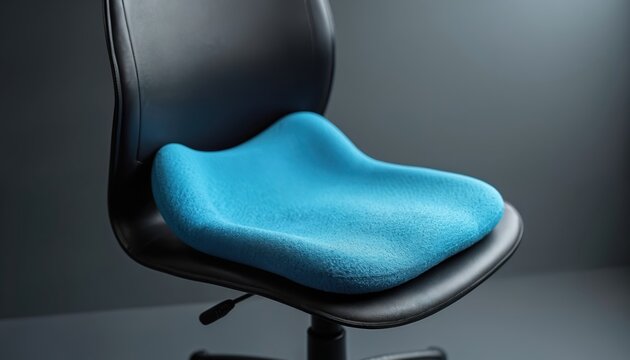 Blue gel cushion rests on black office chair. Ergonomic design provides comfort and support for long sitting periods. Improves posture for work or relaxation.