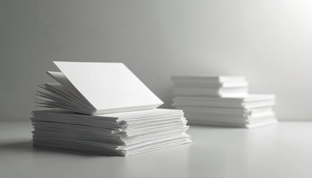 Stacks of blank white square paper cards ready for printing. Use for business cards invitations flyers or marketing designs. Clean minimalist background shows creative potential.