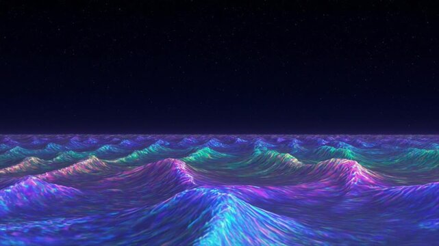 虹色に輝く幻想の海・深夜・クレーンショット・星空・壮大な映像