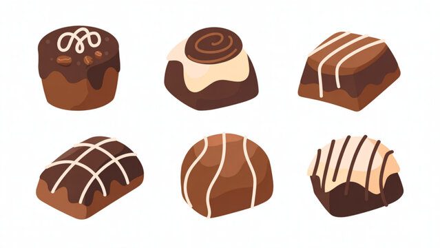 A vector graphic illustration of six different types of chocolate pastries on transparent background