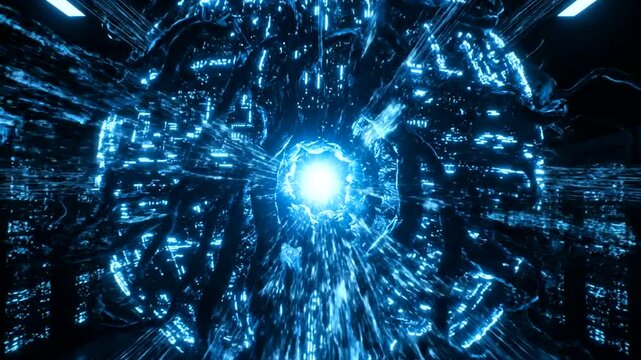 Futuristic digital core energy sphere inside a high tech server room environment.