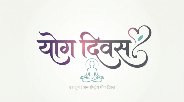 Yoga divas creative hindi typography with heart symbol and meditation icon representing wellness harmony culture theme for banner design on international yoga day